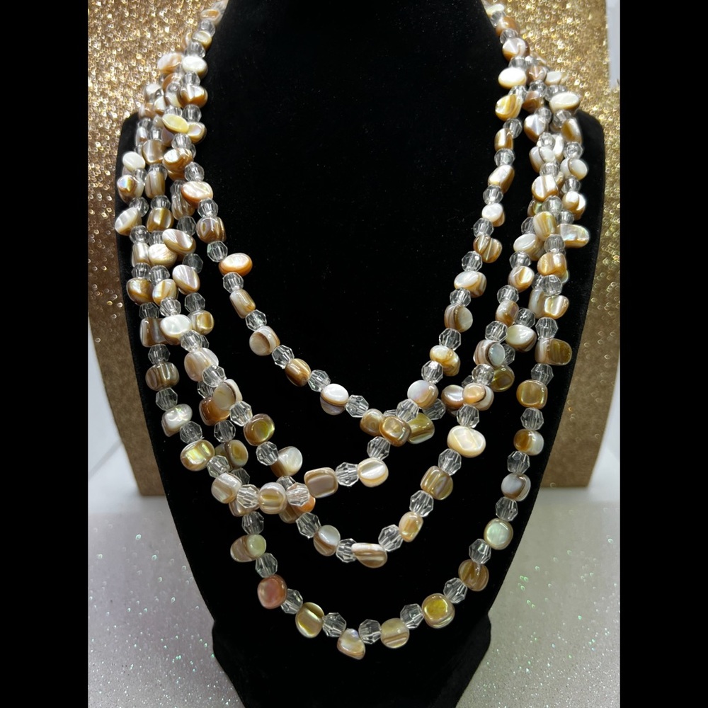 Vintage Mother of Pearl & Crystal Graduated Four Strand Natural Beauty
